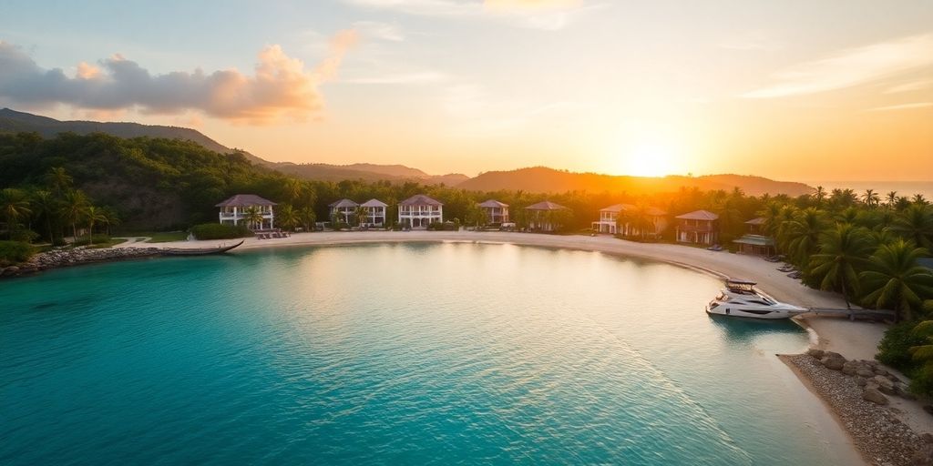 Coastal view of Phuket with luxurious villas and palm trees.