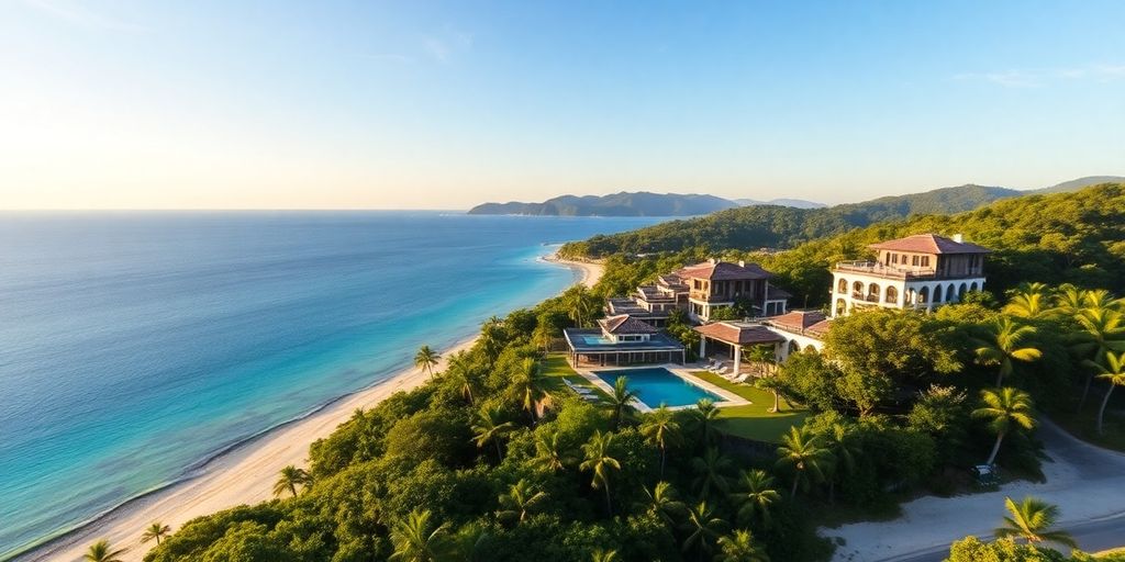 Phuket coastline with luxury villas and lush greenery.